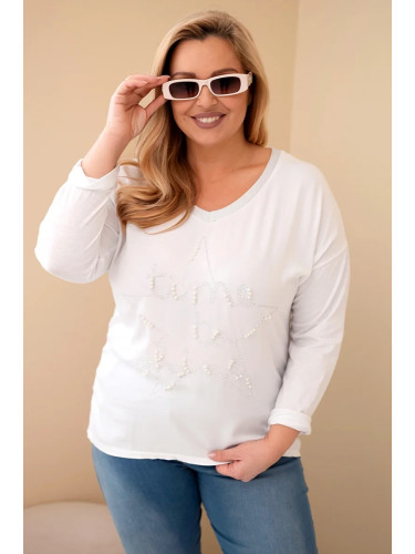 Kesi Włoski Plus Size women's t-shirt with print and pearls white