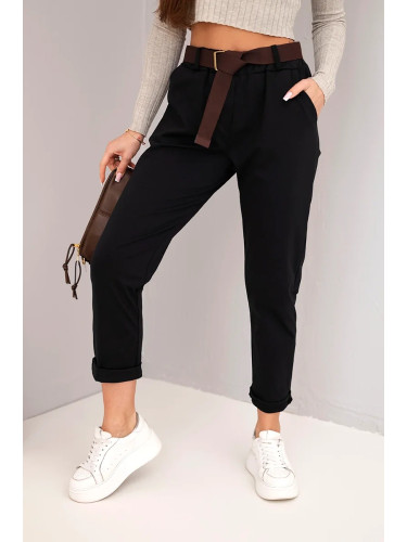 Kesi Włoski Women's cotton pants with a belt and rolled-up cuffs black