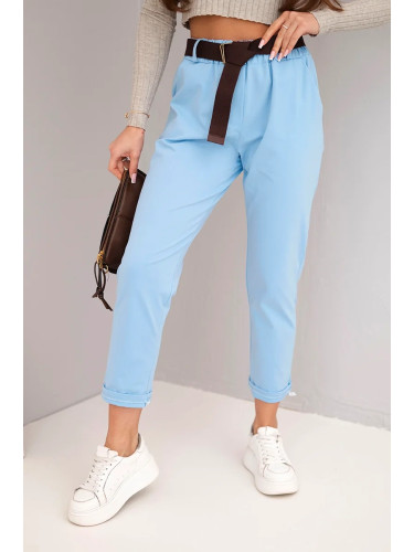 Kesi Włoski Women's cotton pants with a belt and rolled-up hem blue