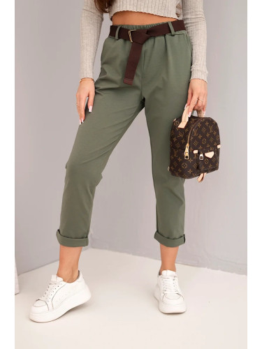 Kesi Włoski Women's cotton pants with a belt and rolled-up cuffs khaki