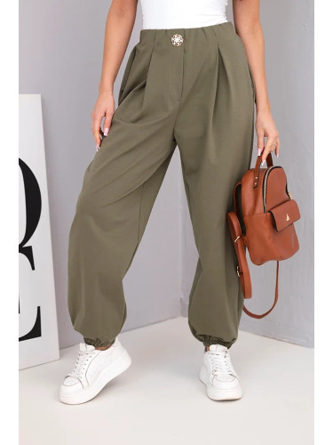 Kesi Włoski Women's cotton high-waisted pants with decorative button khaki