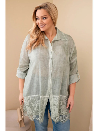 Kesi Włoski Women's Plus Size cotton faded shirt with lace finish khaki
