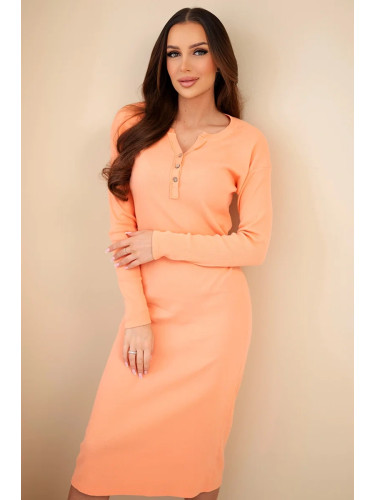 Kesi Włoski Women's cotton dress with long sleeves and button neckline peach