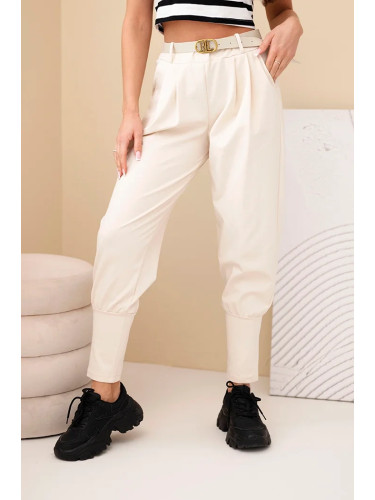 Kesi Włoski Women's cotton high-waisted pants with a belt beige