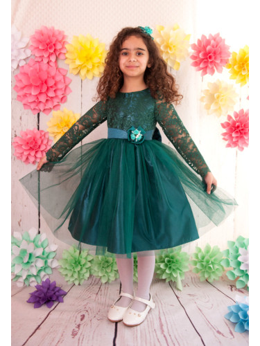 Официална детска рокля с дълъг ръкав с дантела и тюл в тъмно зелено с 