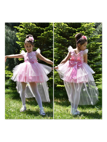 Официална детска рокля Жаси с голяма панделка с 3D пеперуди и с тюл в 