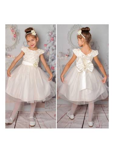 Официална детска рокля в екрю с голяма панделка с 3D цветя 