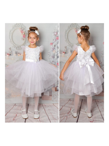 Официална детска рокля с тюл на пластове и 3D цветя в бяло