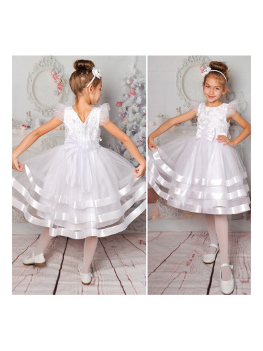 Официална детска рокля в бяло с къс ръкав и коланче отзад