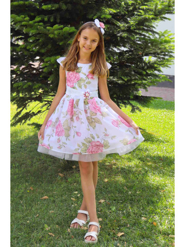 Официална къса детска рокля в бяло с розови рози