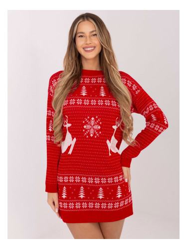 Червен коледен пуловер с мотив на елени