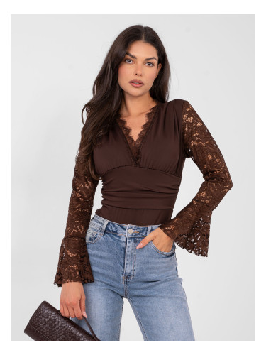 Кафяво дантелено боди с дълги ръкави