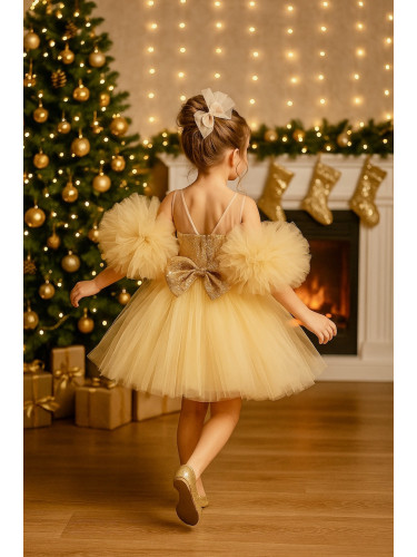 Детска коледна рокля Блян с тюл и помпони в златисто с пайети с пандел