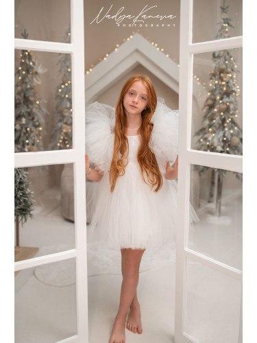 Официална детска рокля като снежинка с тюл в бяло Луиза с диадема от к