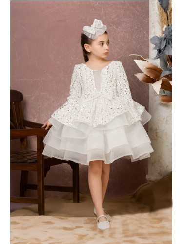 Официална детска рокля с дълъг ръкав в бяло с пайети и фиба за коса Се