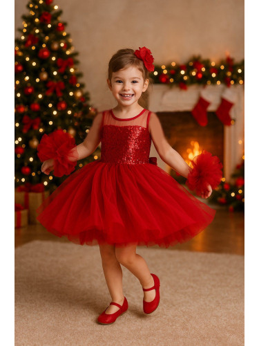 Официална детска рокля Блян с богат тюл в червено с блясък и панделка 