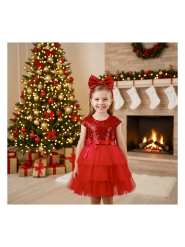 Официална коледна детска рокля Хава в червено с пайети и тюл на много 