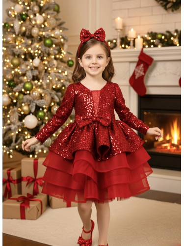 Официална детска рокля с дълъг ръкав в червено с дълъг ръкав с пайети 