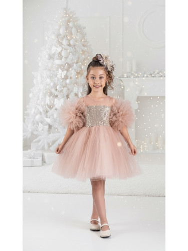 Детска официална рокля Блян с тюл в прасковено, помпони и панделка за 