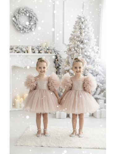 Детска официална рокля Блян с тюл в пепелно прасковено, помпони и пан