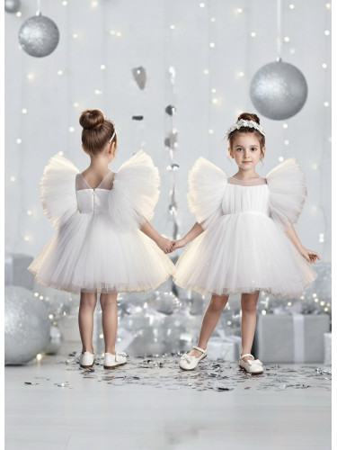 Официална детска рокля като снежинка Луиза с тюл в бяло с диадема от к