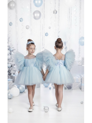 Официална празнична детска къса рокля с тюл в светлосиньо Луиза с диад