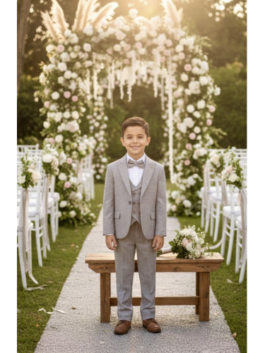 Официален костюм в сиво за момче Сивина от 5 части с риза, сако, елек,