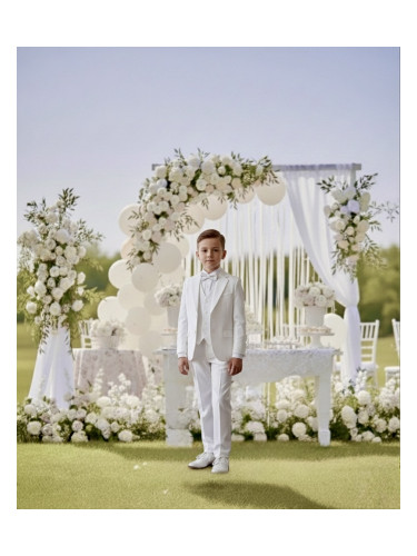 Официален костюм за момче в бяло- сако, панталон, елек, риза и папийон