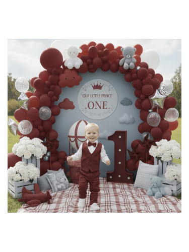 Стилен официален комплект в бордо за момче от 4 части елек, риза в бял