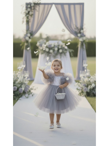 Официална детска рокля Блян в сиво с тюл, пайети в сребристо, помпони 