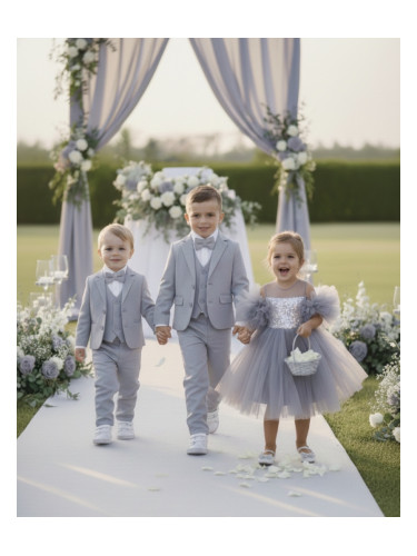 Официален сив костюм за момче Сивина от 5 части с риза, сако, елек, п