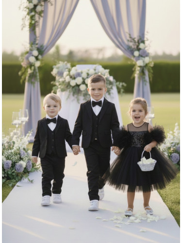 Елегантен официален костюм за момче от 5 части в черно със сако и елек