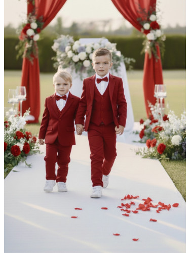 Официален стилен комплект за момче от 5 части в червено със сако, елек