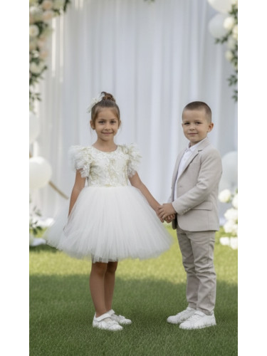 Детска официална рокля Шарлот в екрю 3D листа, с къс ръкав с тюл и пан