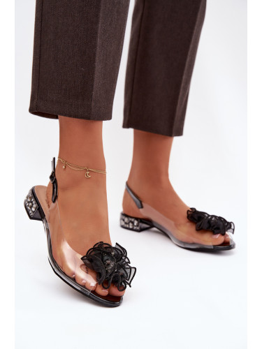 Прозрачни сандали на нисък ток с флорална декорация