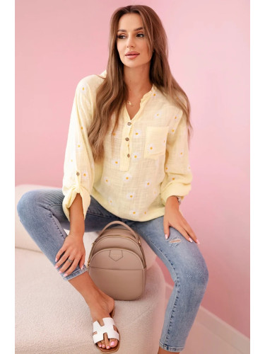 Ленена блуза Kesi с флорален мотив, жълта