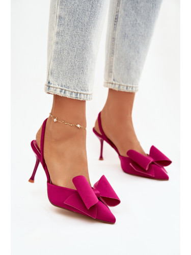 Обувки на висок ток с отворен ток и панделка, цвят фуксия