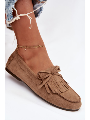 Дамски мокасини с пискюли, светлокафяви