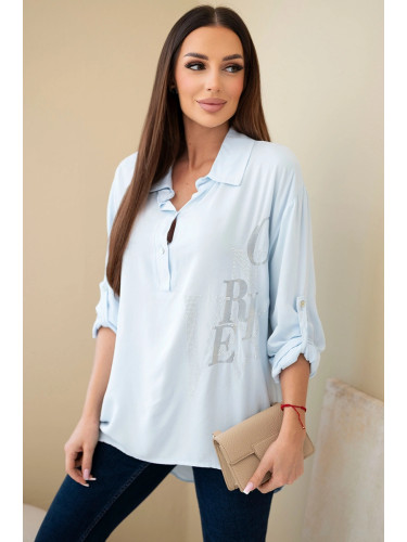 Kesi Włoski Women's viscose blouse with a collar and rhinestone print blue