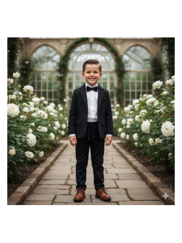 Спортно-елегантен костюм Тери за момче от 4 части в черно-риза в бяло,