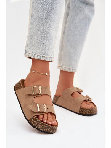 Дамски коркови чехли със златни катарами