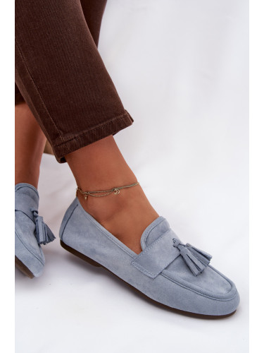Дамски мокасини с пискюли, сини