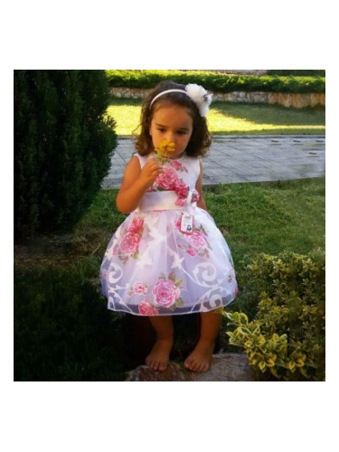 Официална/бебешка детска рокля в бяло с рози 177ФГ