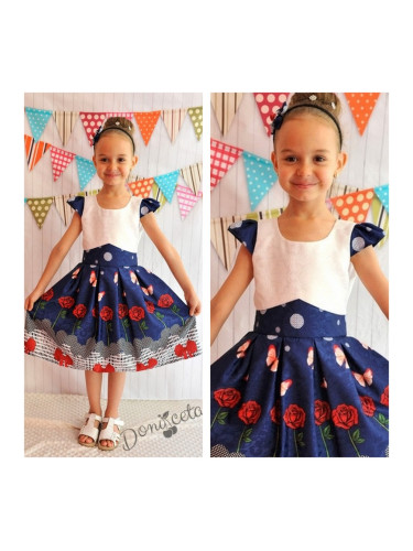 Официална детска рокля в бяло и тъмносиньо с рози с къс ръкав Божидар