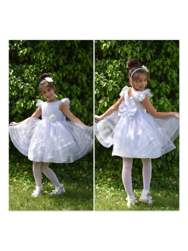 Официална детска рокля в бяло с тюл и с голяма панделка Зара
