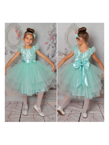 Официална детска рокля с 3D цветя в тюркоаз/мента с тюл