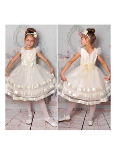 Официална детска рокля в екрю с къс ръкав и коланче отзад