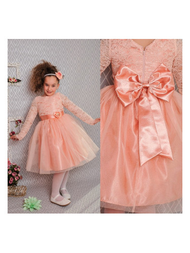 Официална детска рокля с дълъг ръкав с дантела и тюл в прасковено с го