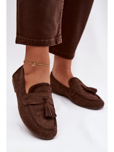 Дамски мокасини с пискюли, шоколадови