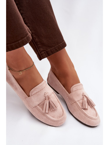 Дамски мокасини с декоративни пискюли, светло розови